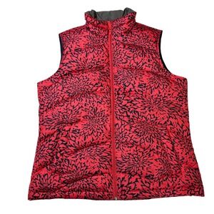 Lands End Womens Down Puffer Vest Soft Coral Rose Print Blue Full Zip Medium